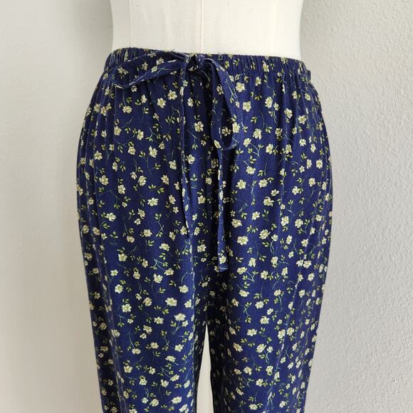 Vintage 90s Blue Floral Pants High Rise Straight Leg Elastic Grandmacore L/XL - Picture 2 of 11